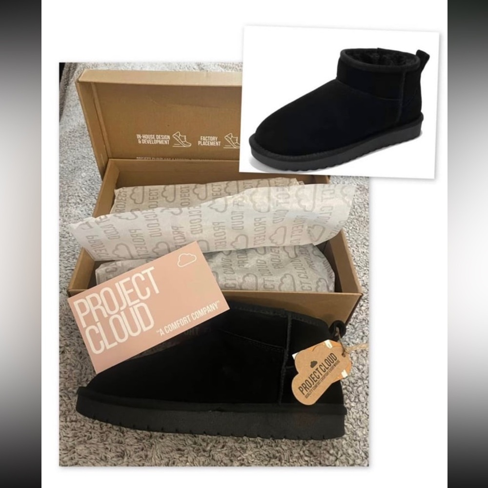 NWT Project Cloud Black Mini Suede Ankle Boots Water Resistant Black